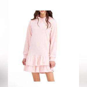 Tommy Hilfiger Women's Hoodie Tiered Ruffled Hem Sweatshirt Dress Pink M